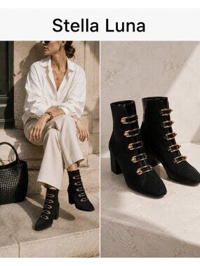 Stella Luna Black Suede Gold Hardware Ankle Boots EU 37 Designer Booties
